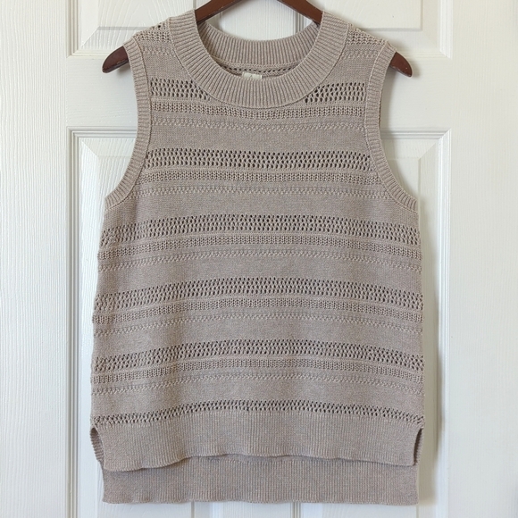 Joie Striped Open Knit Sleeveless Crewneck Split Hem Sweater Tank Top Beige M - Picture 1 of 8